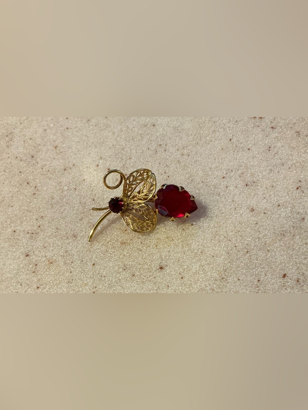 Gold-Tone Leaf Brooch with Red Glass Stone - Women Jewelry